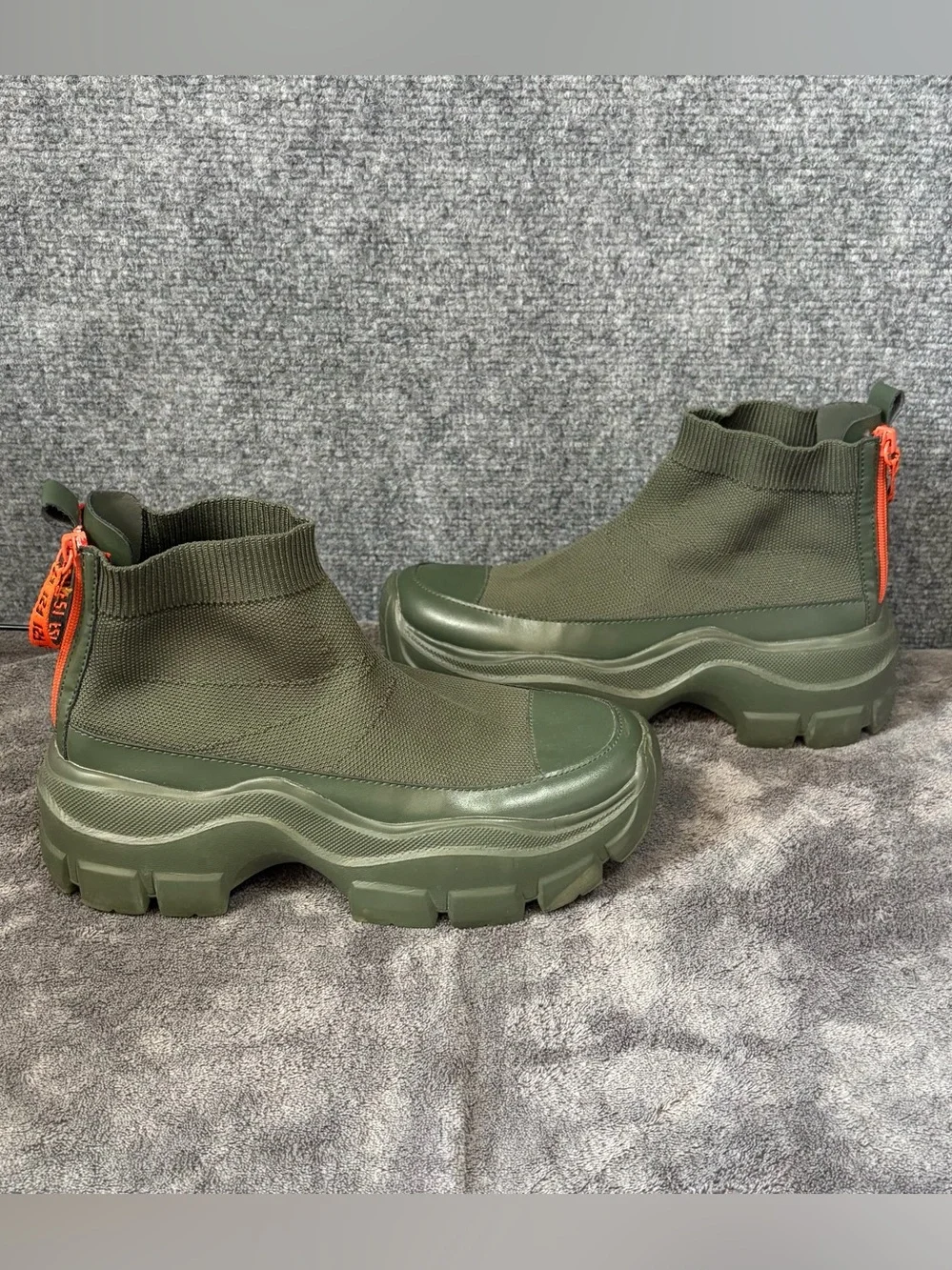 Olive Green Knit Platform Chelsea Boots with Orange Pull Tab Accent Chunky Boot